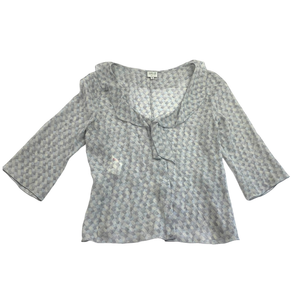 SOLD Armani Collezioni Vintage Y2K Gray 3/4 Crop Sleeve Ruffle Neck Sheer Silk - Picture 1 of 14